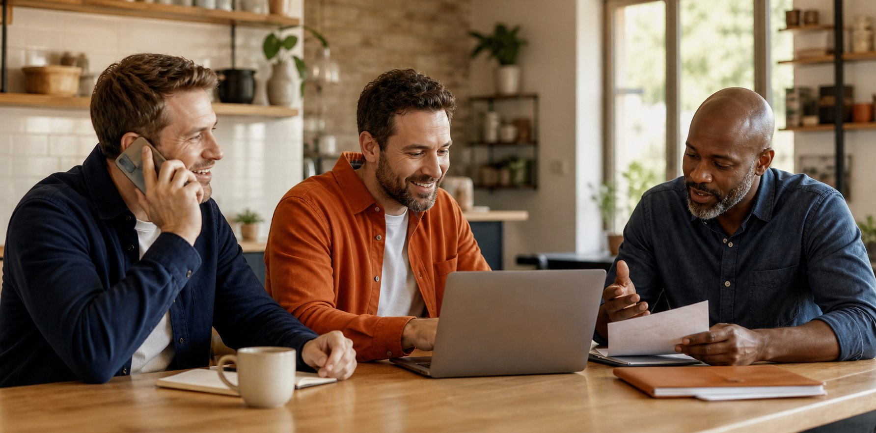 Representative scene of a local business owner discussing website content with two consultants