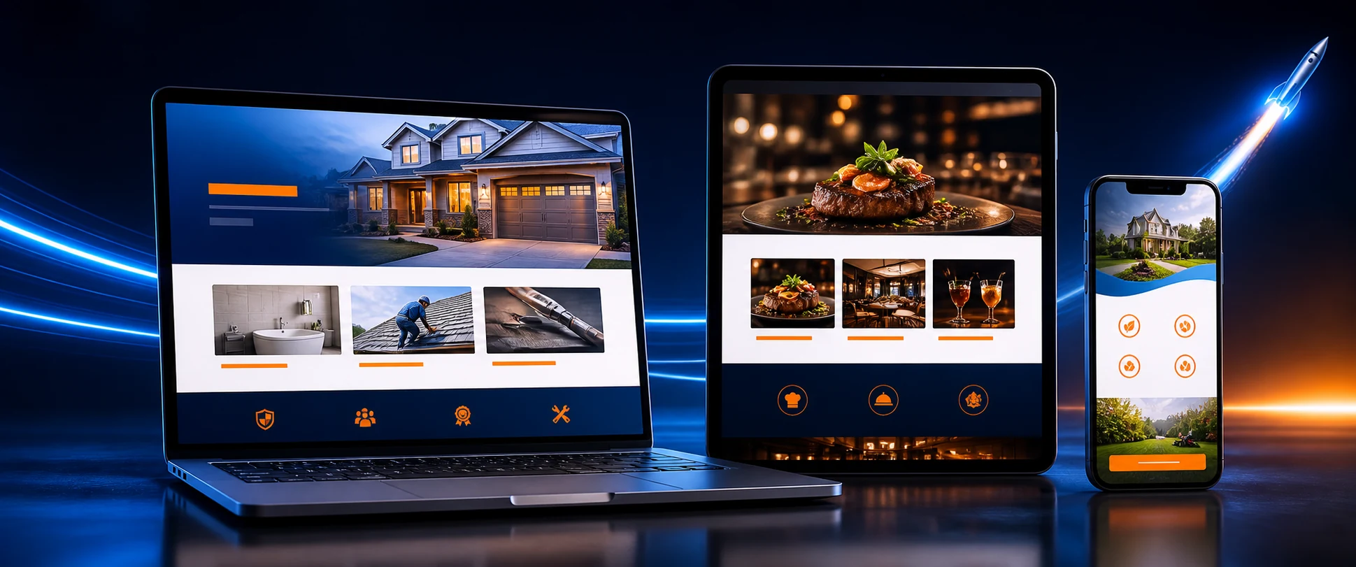 Responsive business websites presented on laptop, tablet, and phone